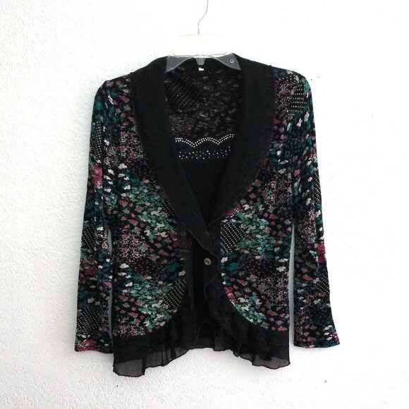 Black colorful floral long sleeve blouse, with little tiny studs and lace detail - Picture 5 of 8